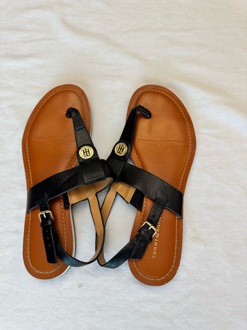 Tommy Hilfiger Black Leather & Tan Footbed Logo Strap Sandals
